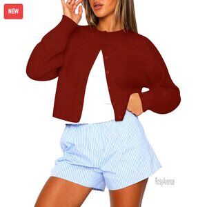 Cropped Cardigan Sweater Lightweight Knit Button Up Crew Neck Y2K Chic